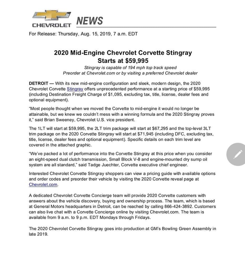 Illustration for article titled 2020 Mid-Engine Chevrolet Corvette Stingray Starts at $59,995